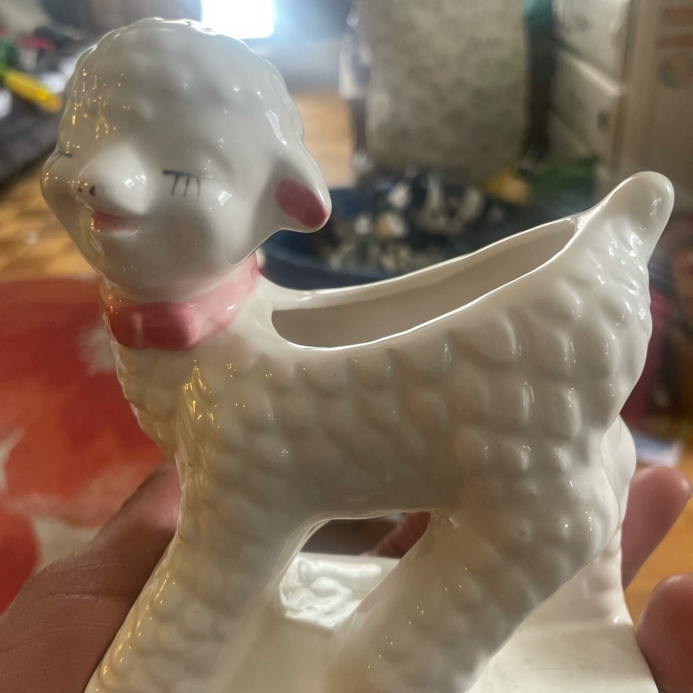 Ceramic Lamb Planter with Pink Accents